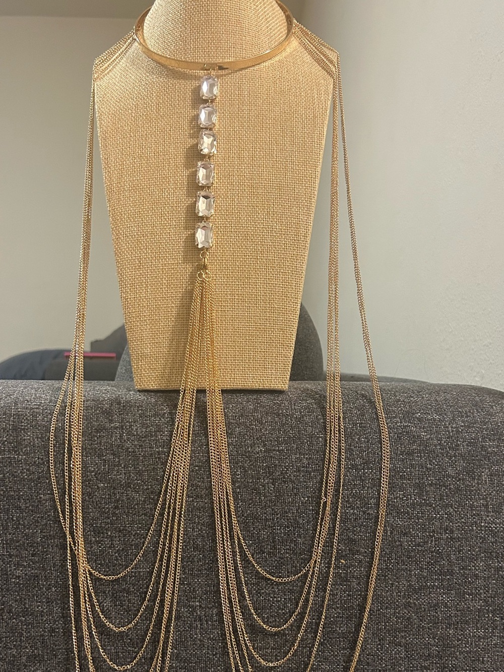 Gold Multi-Chain Crystal Tassel Body Necklace - Women Jewelry - Picture 5 of 5